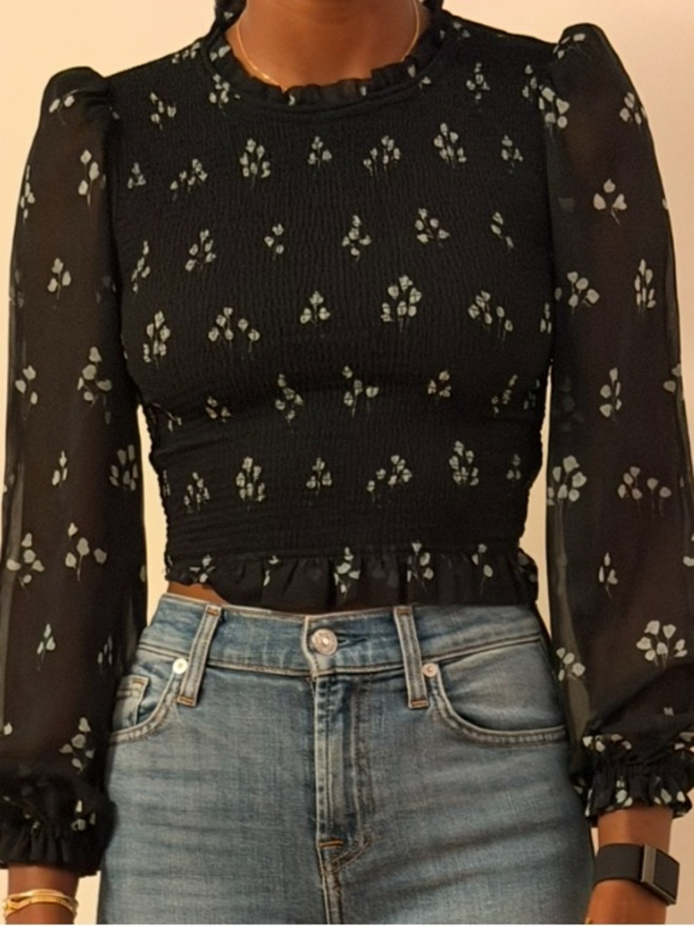 Aritzia Black Smocked Puff-Sleeve Top with Pale Green Floral